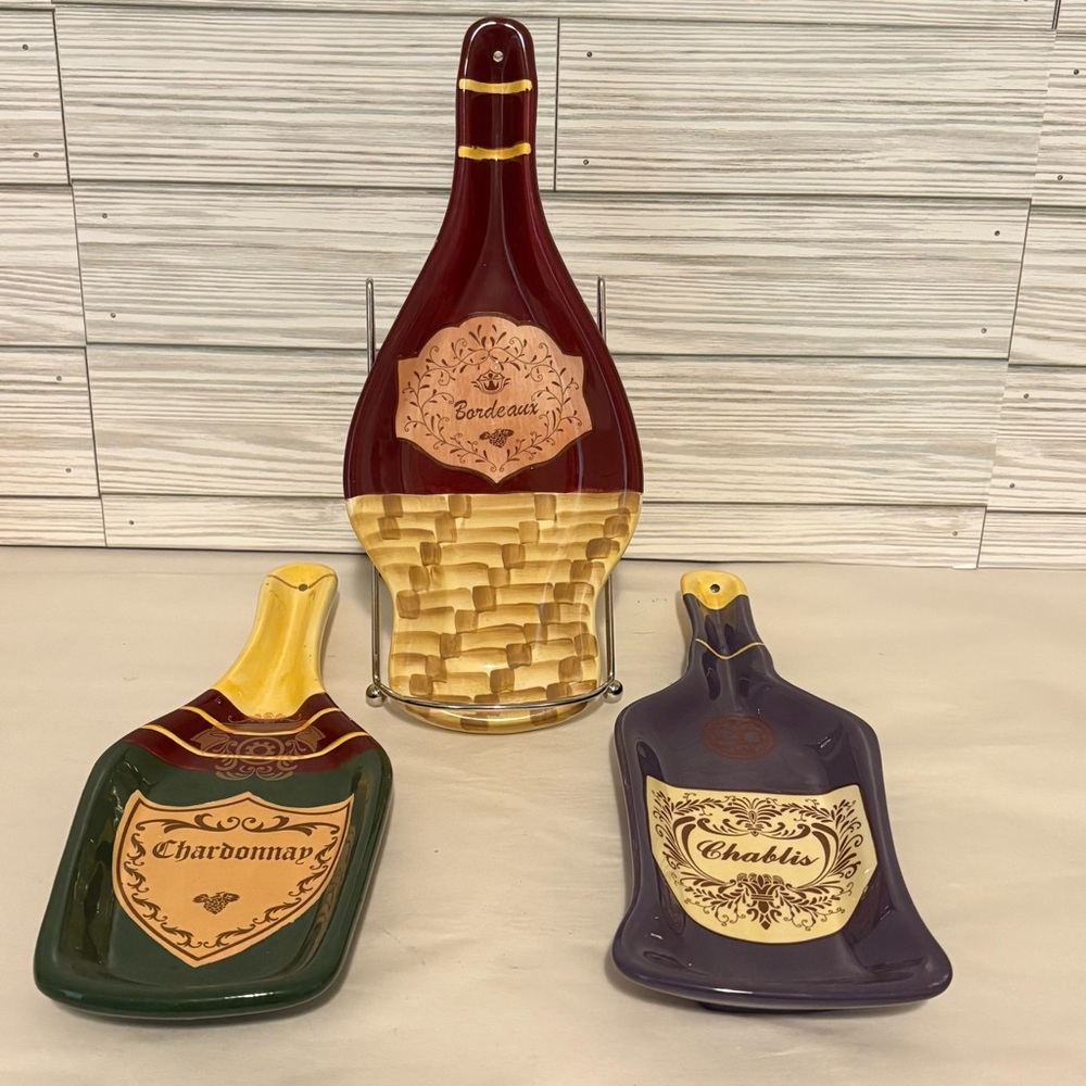 Vintage Home Interiors Set Of Three Ceramic Wine Bottle Spoon Rests Wall Hanging